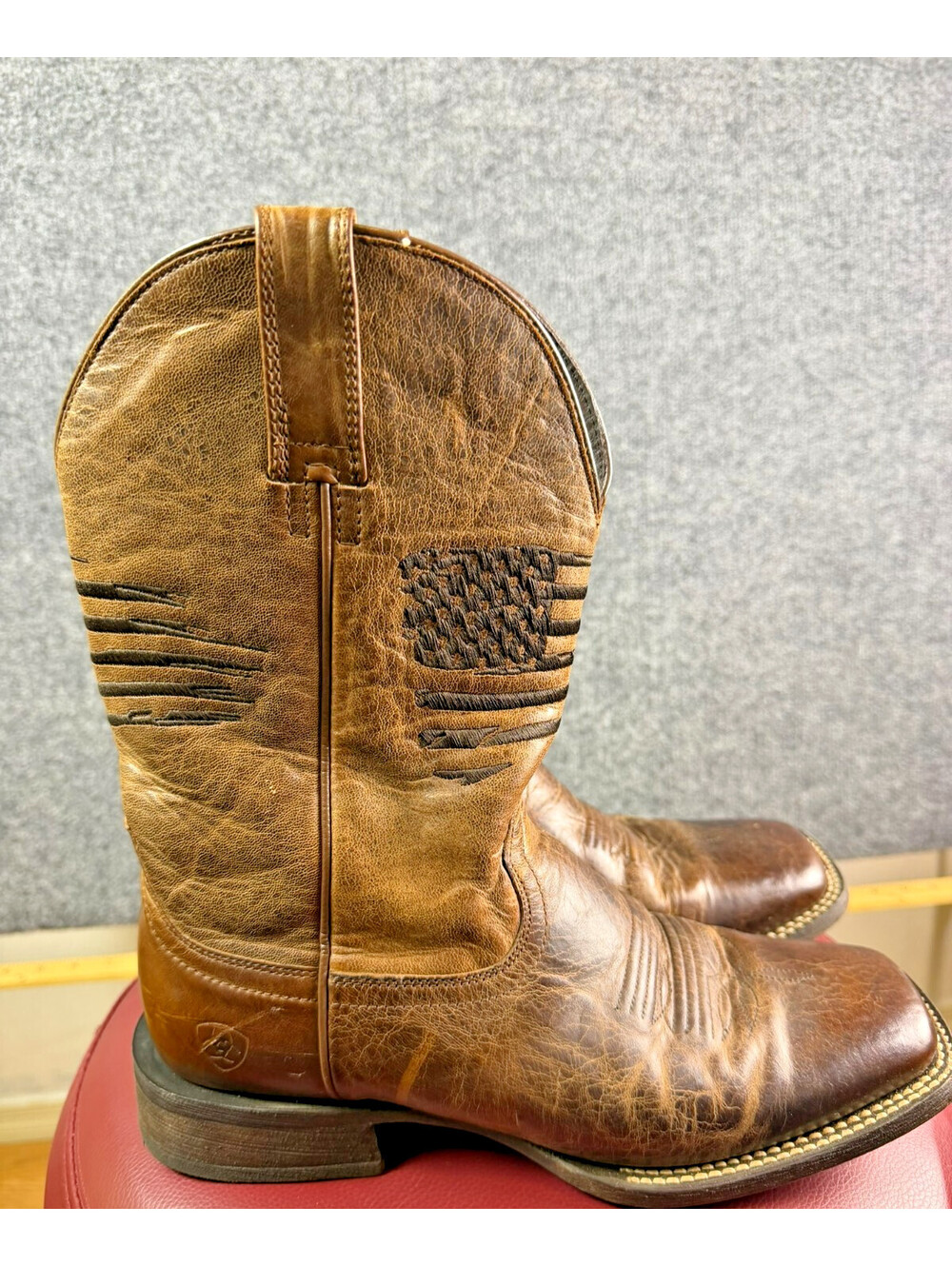 Ariat Mens Patriot Western Work Boots Brown Leather Square Toe USA Flag 8D